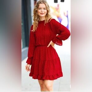 NWOT SIMPLY MERRY BURNT RED ANIMAL PRINT MOCK HIGH NECK BLOUSON TIERED DRESS